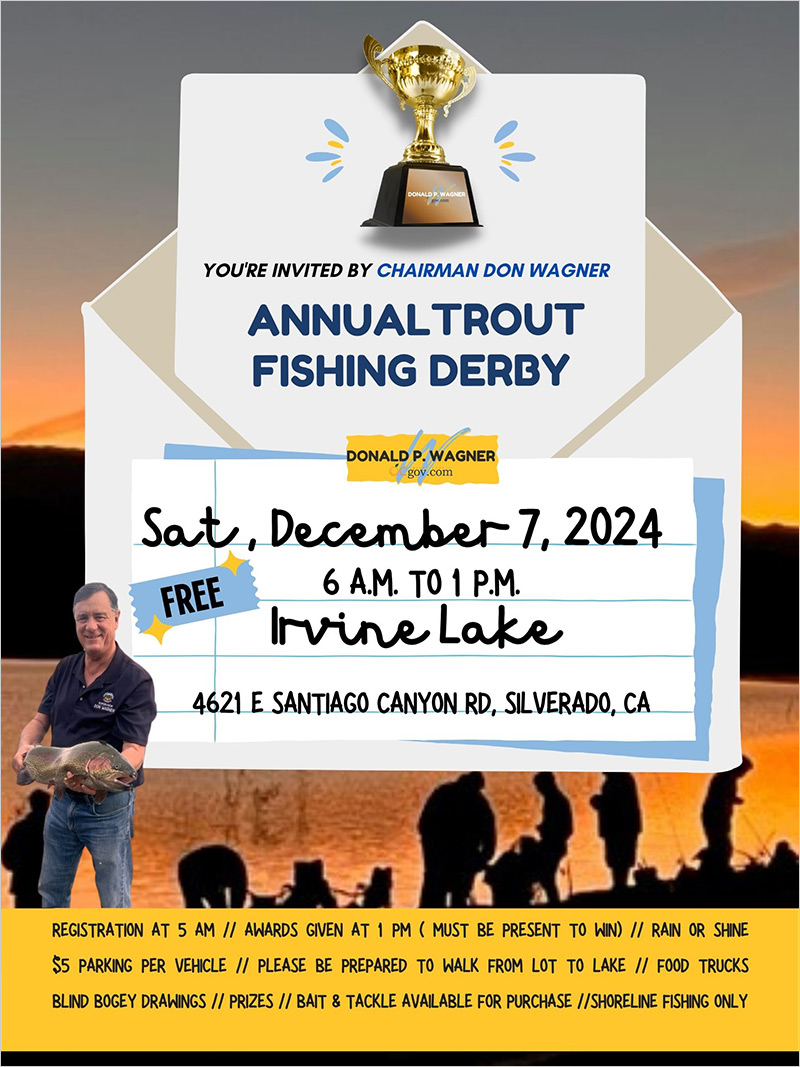 3rd Annual Fishing Derby Poster 2024 - Sat, December 7, 2024 6 A.M. to 1 P.M. at Irvine Lake